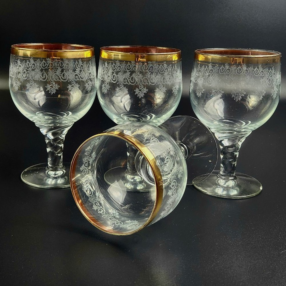 Vintage - Gold Band - Etched - Wine Goblets - Stunning - Set of 4